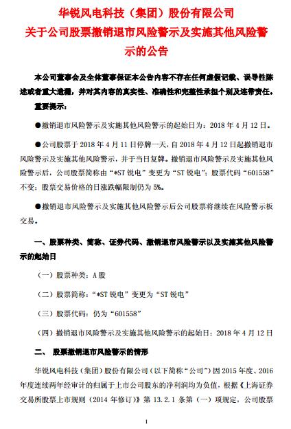 華銳風(fēng)電退市風(fēng)險警示及實施其他風(fēng)險警示撤銷