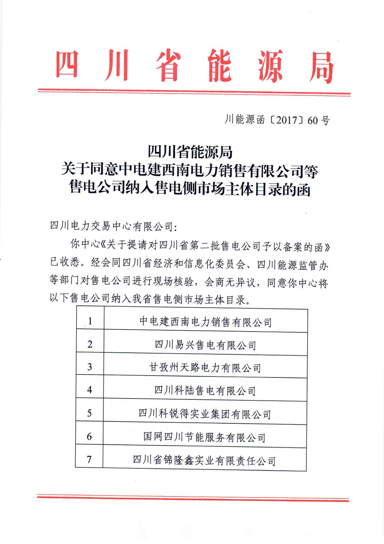 【四川電力交易中心】售電公司復(fù)函（第二批）