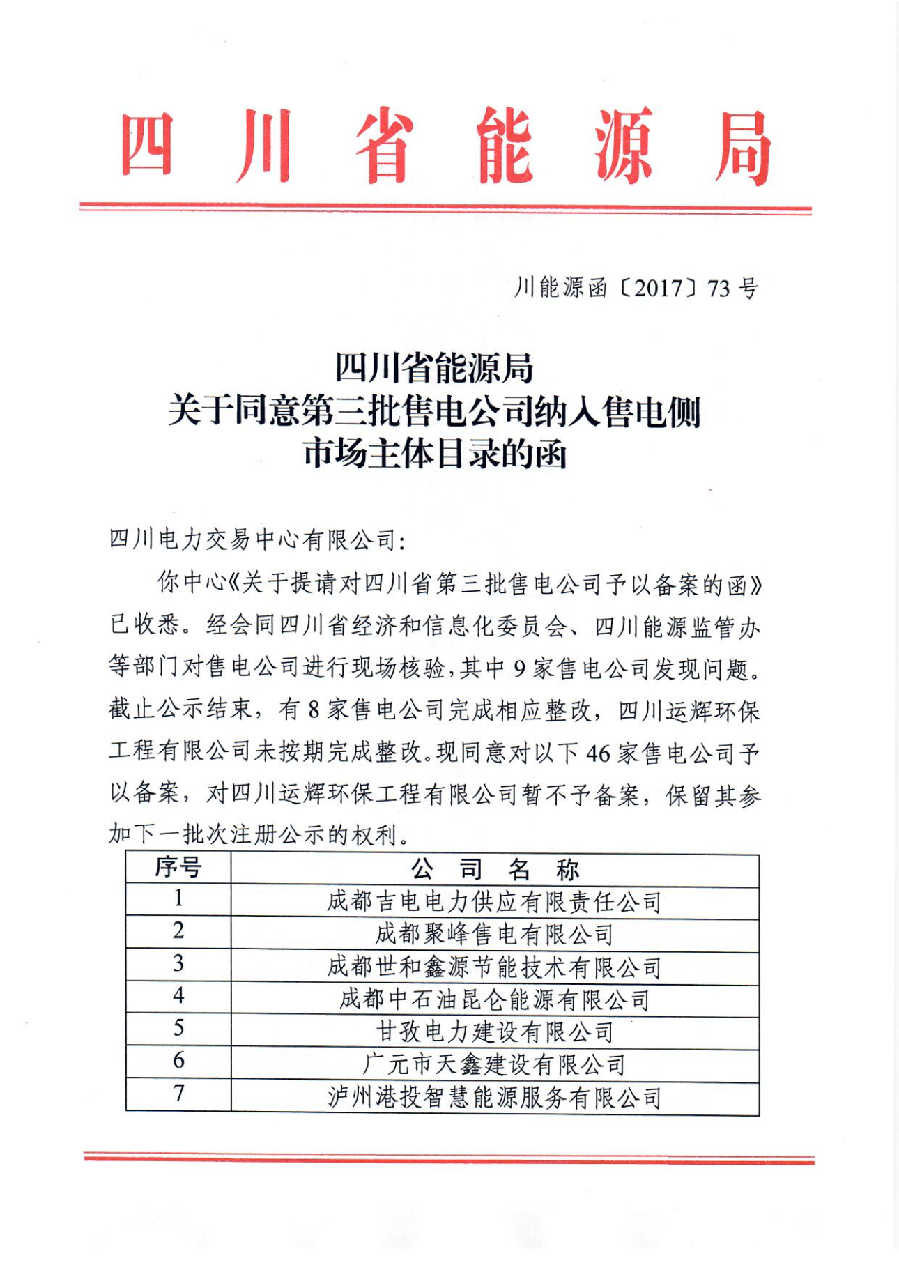 【四川電力交易中心】售電公司復函（第三批）