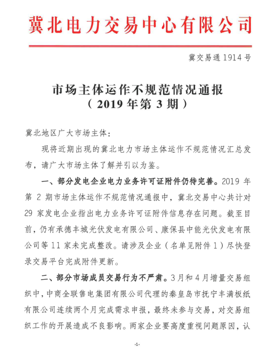 冀北2019年3月市場主體運(yùn)行不規(guī)范情況通報(bào)：部分市場成員交易行為不嚴(yán)肅