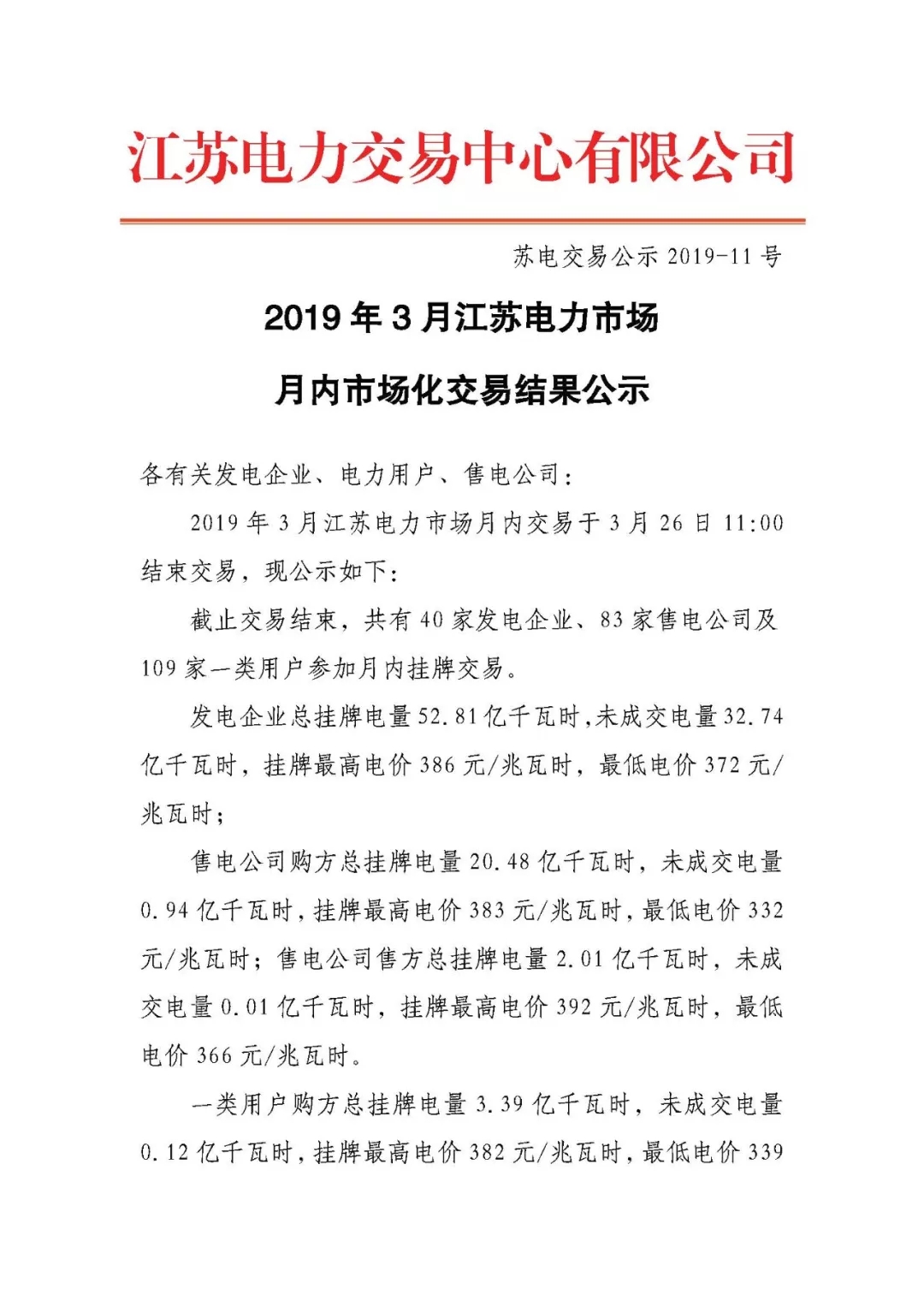 2019年3月江蘇電力市場月內(nèi)市場化交易結(jié)果:成交均價377.53元/兆瓦時